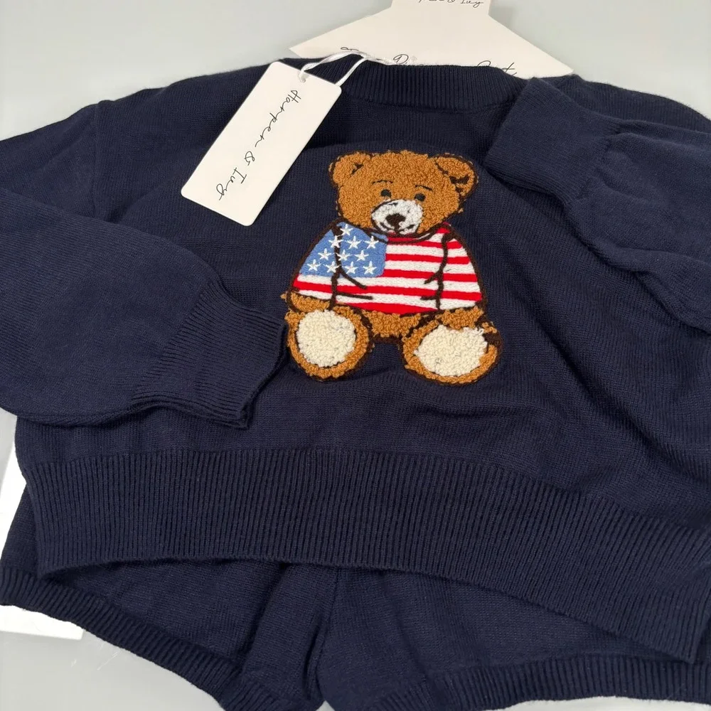 Harper & Ivy Kids 7/8 Navy Blue Sweater Set NEW Bear USA Flag Knit Top Shorts